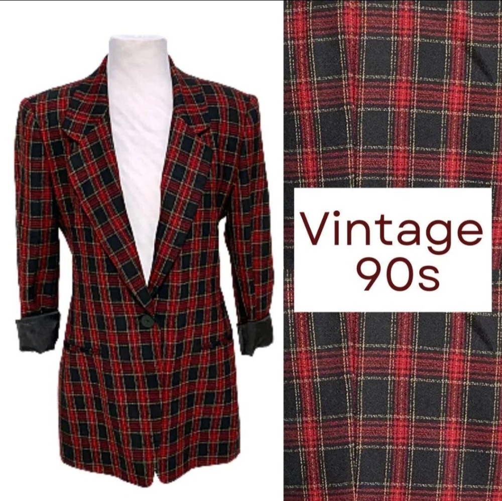Vintage 90s red/black plaid mid length blazer